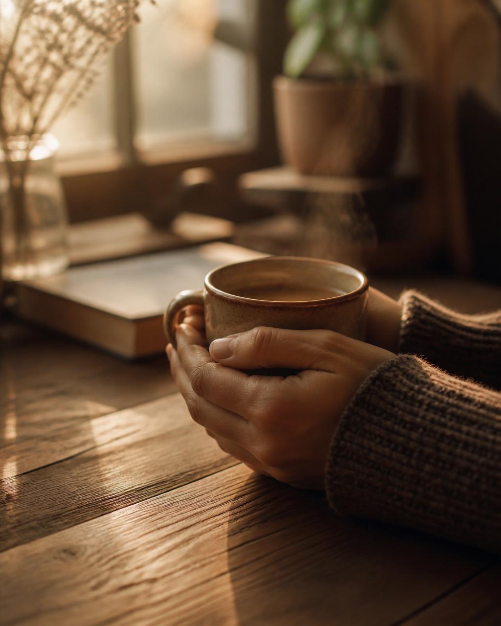 Hands holding a warm cup in soft afternoon light