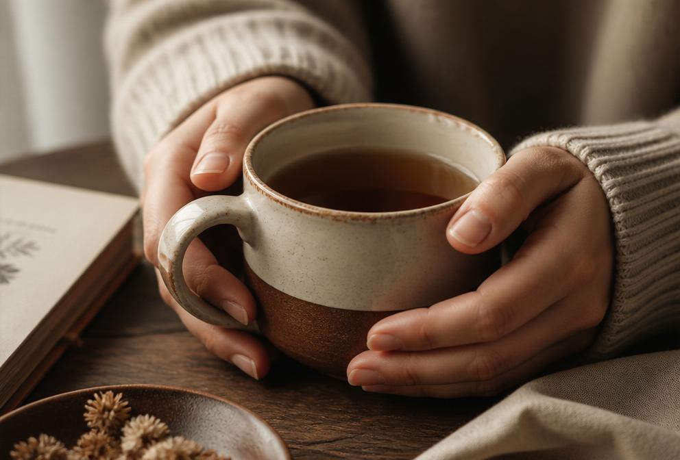 Hands holding a warm mug of tea