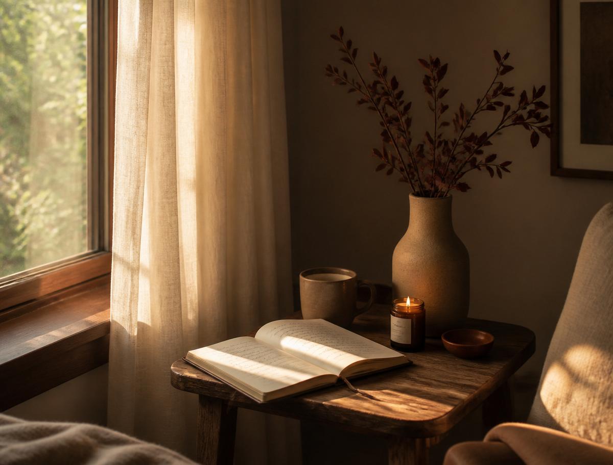 Quiet window with notebook and candle